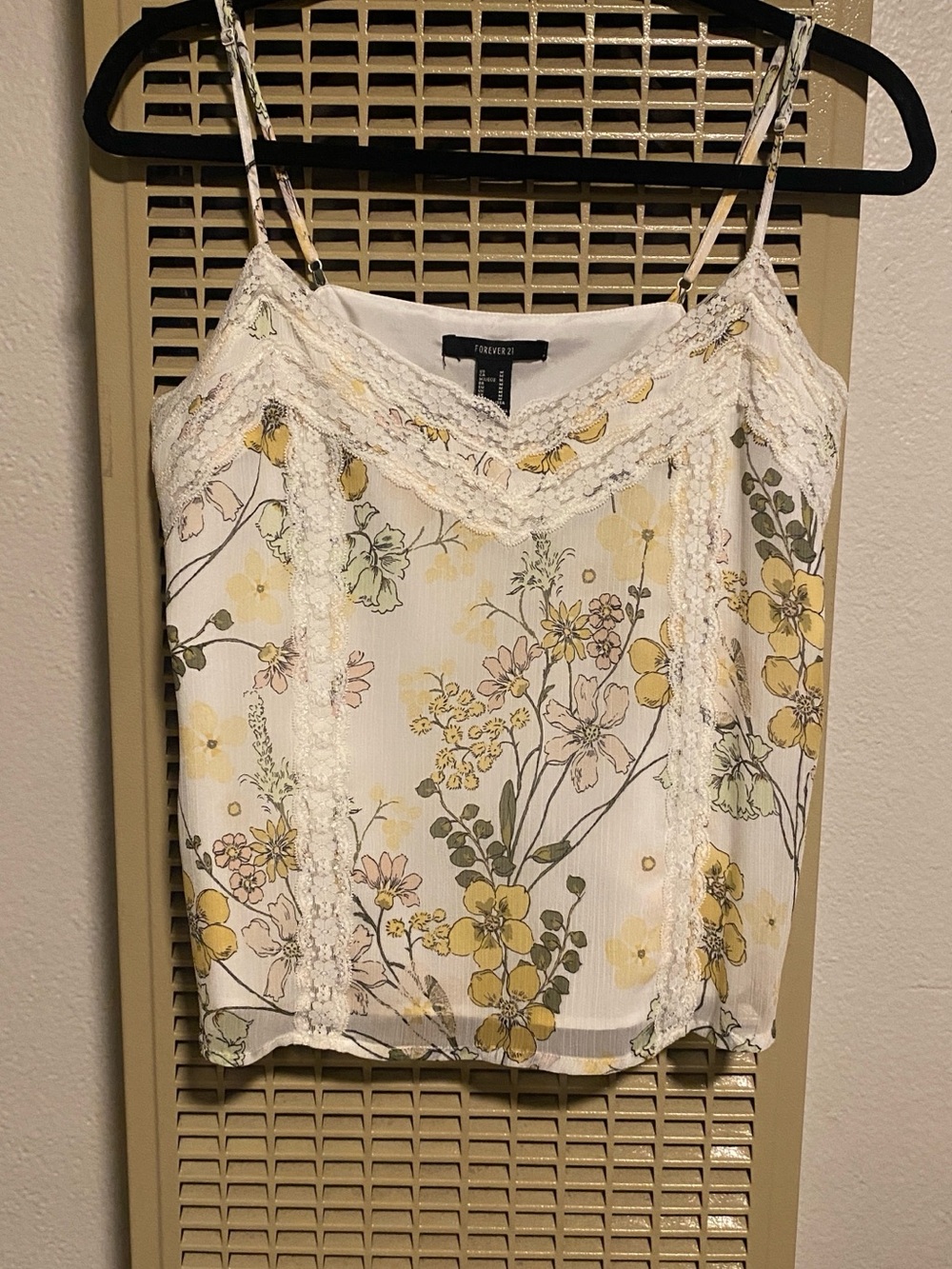 Forever 21 White Floral Lace-Trim Cami with Yellow Accents